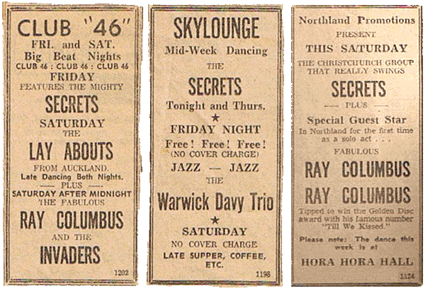 Newspaper advertisements for Club 46, SkyLounge and Hora Hora Hall
