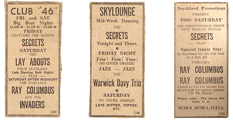 Newspaper advertisements for Club 46, SkyLounge and Hora Hora Hall